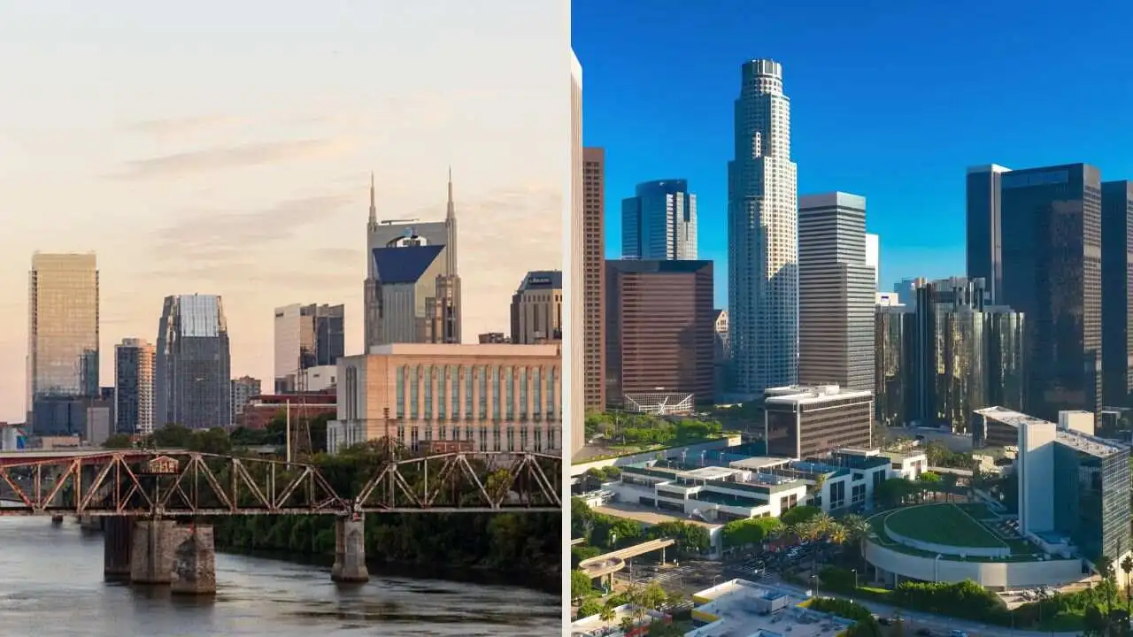 Nashville and Los Angeles city views for flights from BNA to LAX